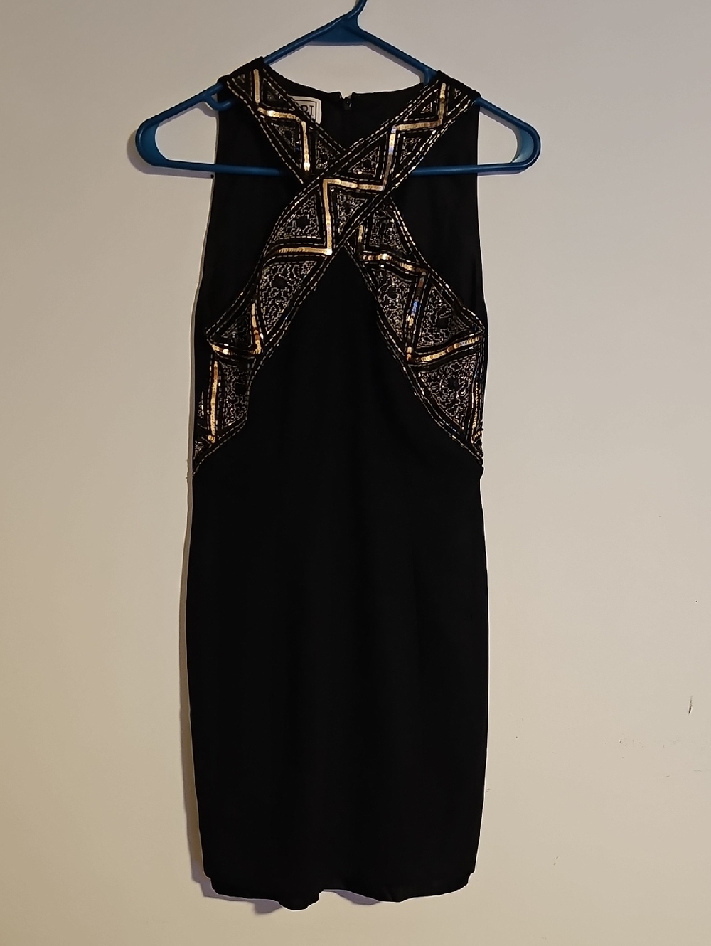 A.J. Bari Black Mini Dress with Gold Sequin Geometric Trim